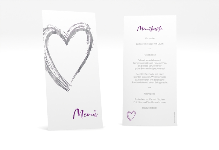 Menükarte Hochzeit Liebe lange Karte hoch lila silber