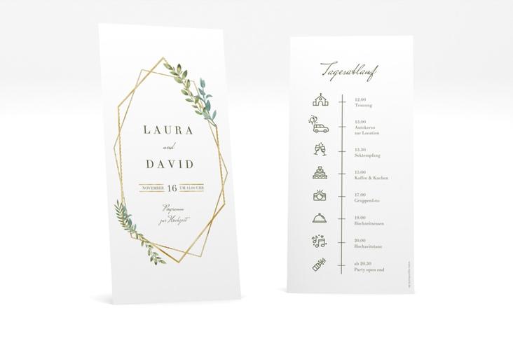 Tagesablauf Hochzeit Herbarium lange Karte hoch grau gold mit geometrischem Rahmen und Blätter-Dekor