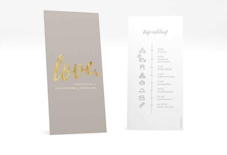 Tagesablauf Hochzeit Glam lange Karte hoch grau gold