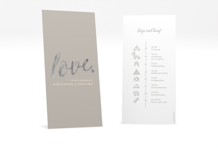 Tagesablauf Hochzeit Glam lange Karte hoch grau silber