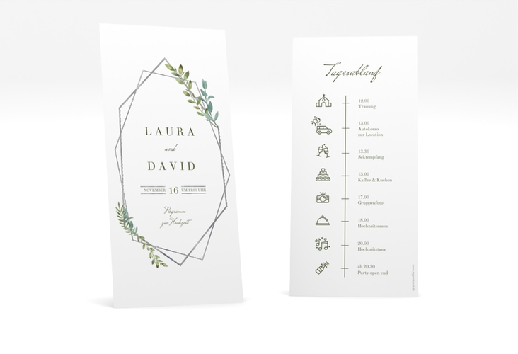 Tagesablauf Hochzeit Herbarium lange Karte hoch grau silber mit geometrischem Rahmen und Blätter-Dekor