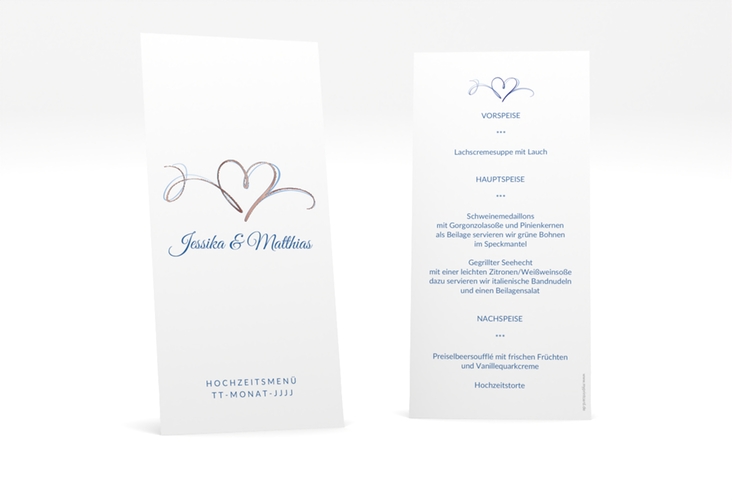 Menükarte Hochzeit Envie lange Karte hoch blau rosegold