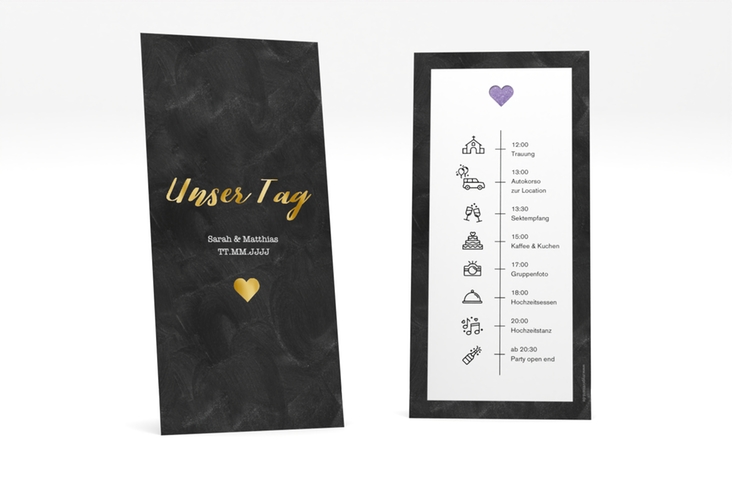 Tagesablauf Hochzeit Sparkly lange Karte hoch lila gold