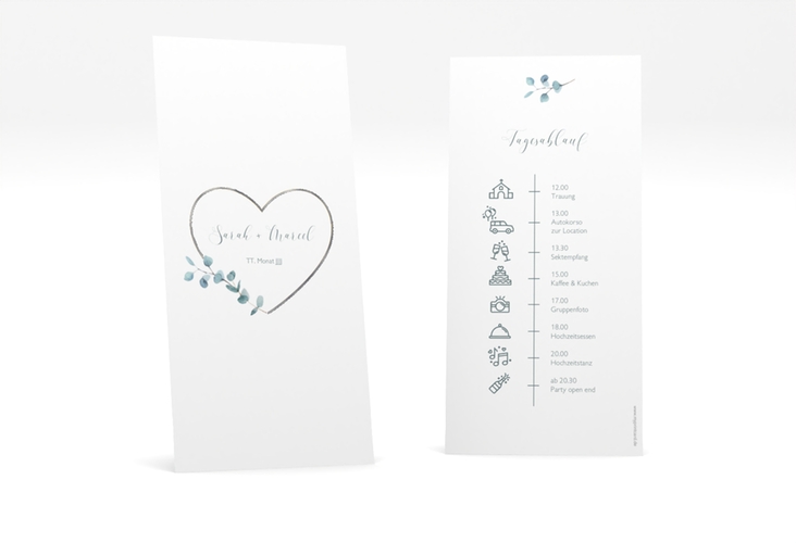 Tagesablauf Hochzeit Greenheart lange Karte hoch gold silber mit elegantem Herz und Eukalyptus-Zweig
