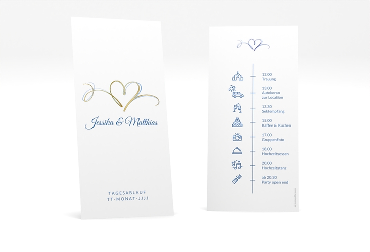 Tagesablauf Hochzeit Envie lange Karte hoch blau gold