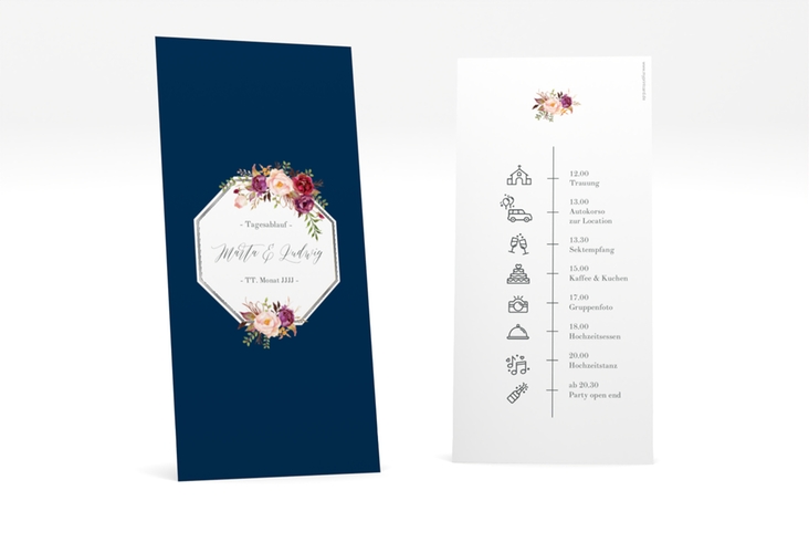 Tagesablauf Hochzeit Prachtvoll lange Karte hoch blau silber