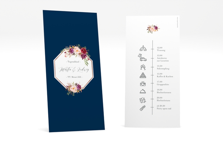 Tagesablauf Hochzeit Prachtvoll lange Karte hoch blau rosegold