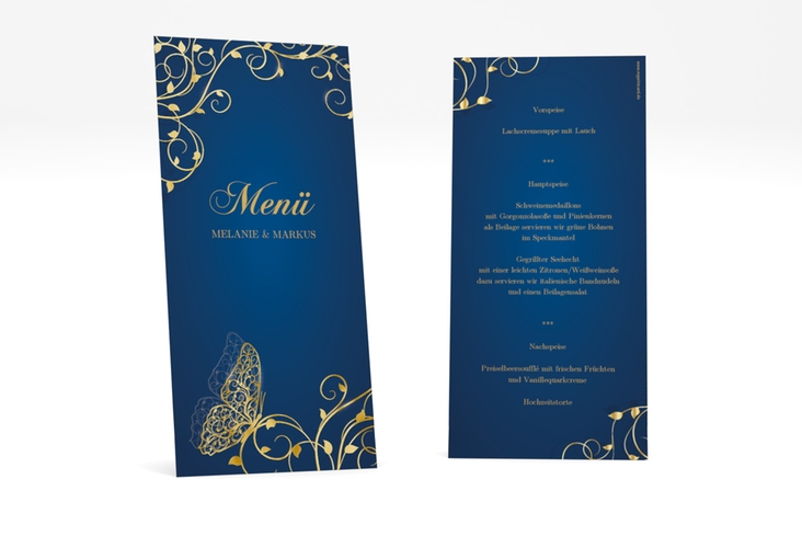Menükarte Hochzeit Eternity lange Karte hoch blau gold