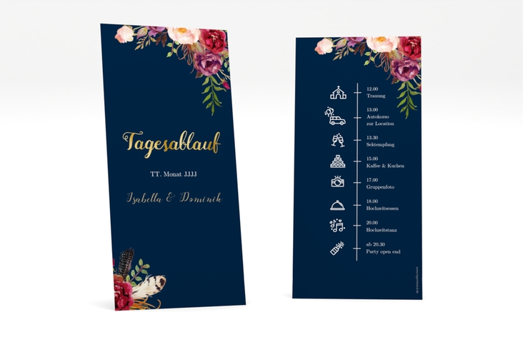 Tagesablauf Hochzeit Flowers lange Karte hoch blau gold mit bunten Aquarell-Blumen