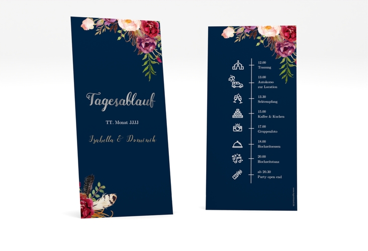 Tagesablauf Hochzeit Flowers lange Karte hoch blau silber mit bunten Aquarell-Blumen