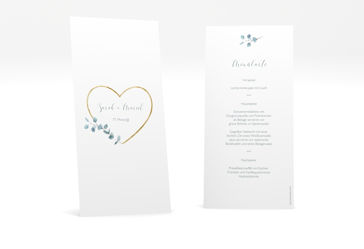 Menükarte Hochzeit Greenheart lange Karte hoch rosa gold mit elegantem Herz und Eukalyptus-Zweig
