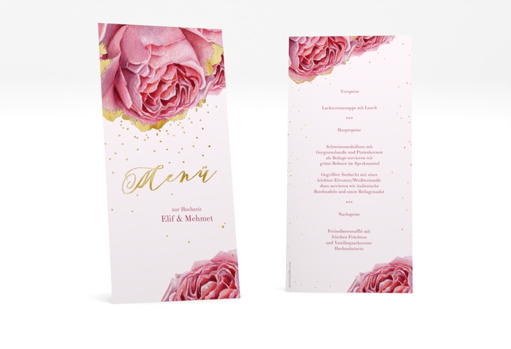 Menükarte Hochzeit Cherie lange Karte hoch rosa gold