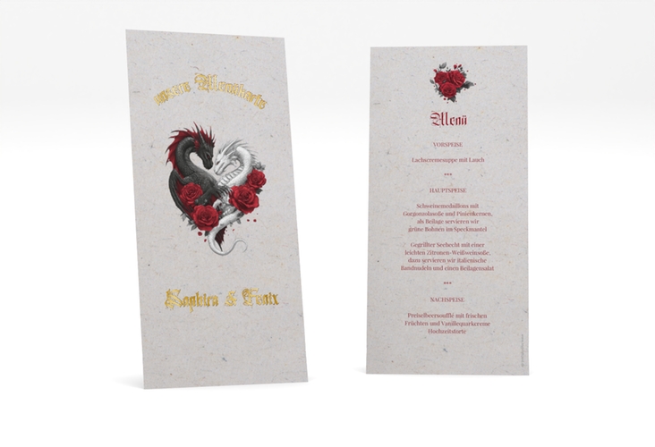 Menükarte Hochzeit Drachenliebe lange Karte hoch grau gold mit schwarzem und weißem Drachen zu einem Herz verschlungen