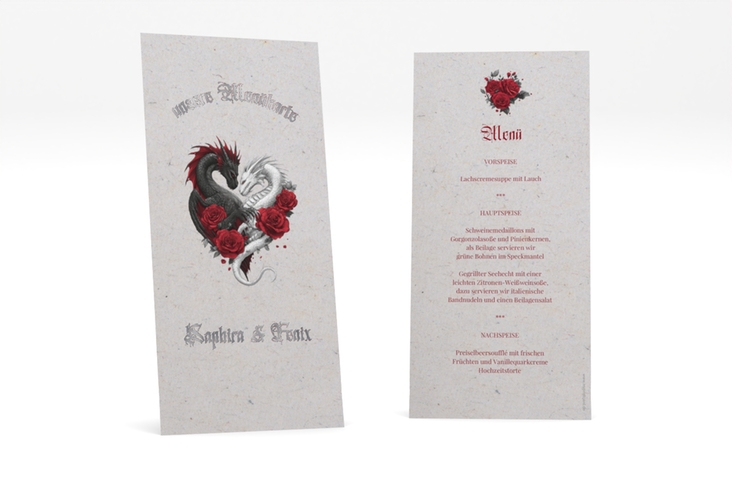 Menükarte Hochzeit Drachenliebe lange Karte hoch grau silber mit schwarzem und weißem Drachen zu einem Herz verschlungen