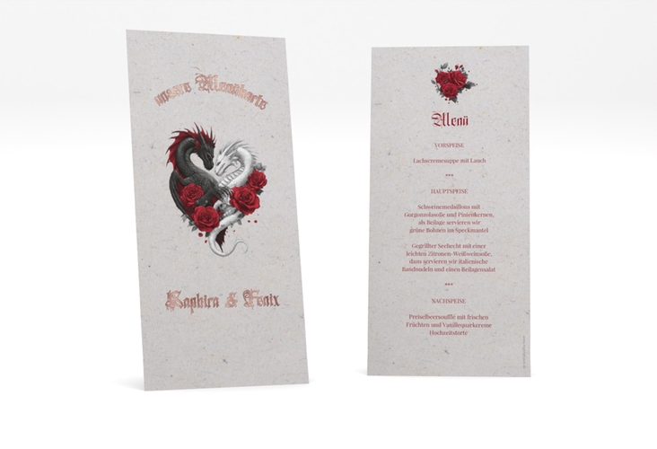 Menükarte Hochzeit Drachenliebe lange Karte hoch grau rosegold mit schwarzem und weißem Drachen zu einem Herz verschlungen
