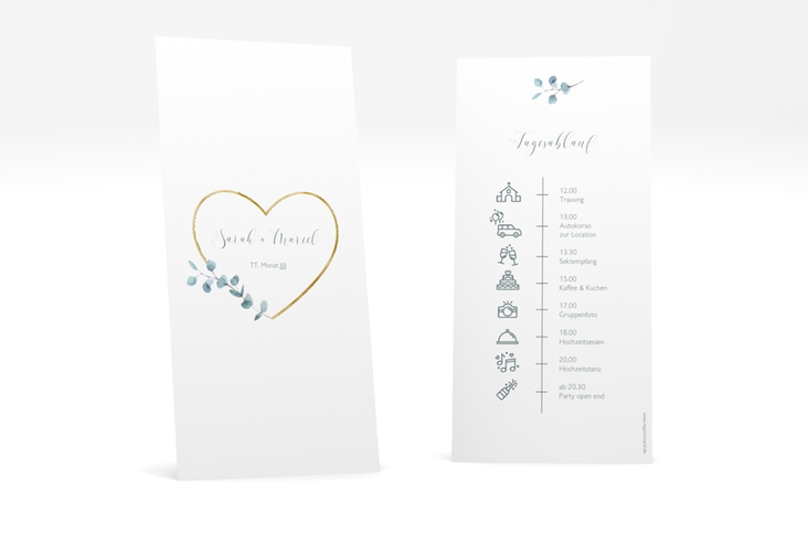 Tagesablauf Hochzeit Greenheart lange Karte hoch grau gold mit elegantem Herz und Eukalyptus-Zweig