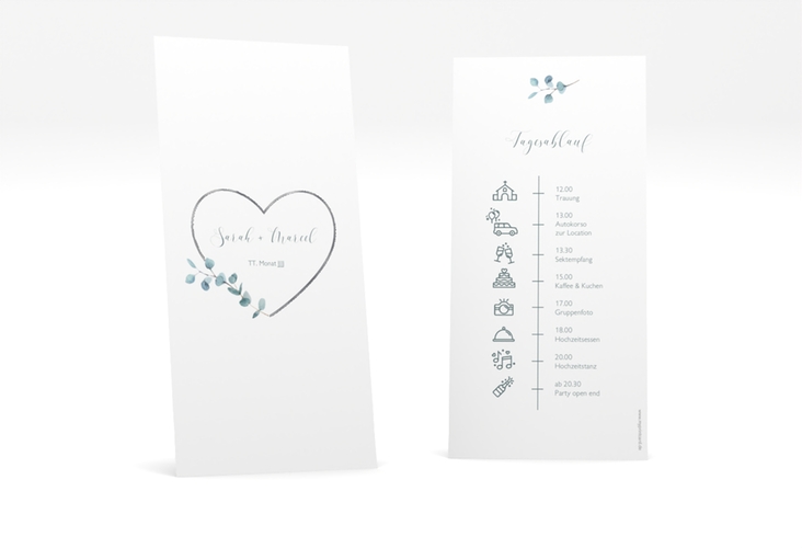 Tagesablauf Hochzeit Greenheart lange Karte hoch grau silber mit elegantem Herz und Eukalyptus-Zweig
