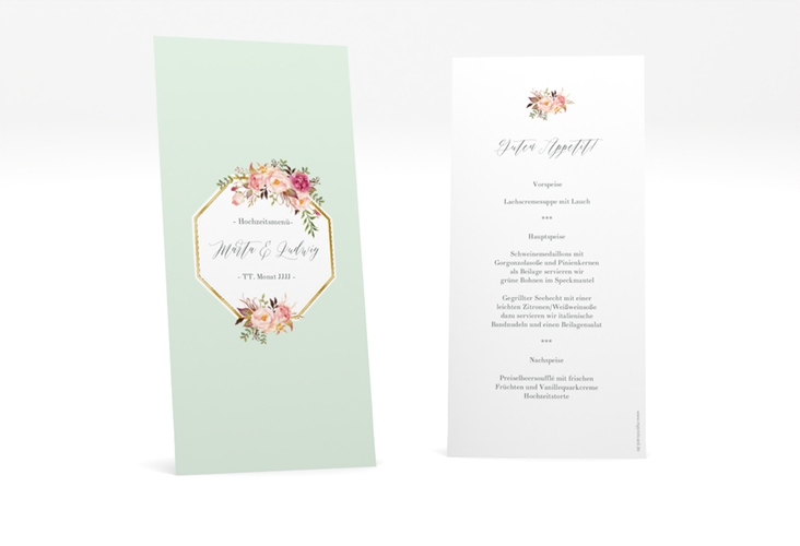 Menükarte Hochzeit Prachtvoll lange Karte hoch mint gold
