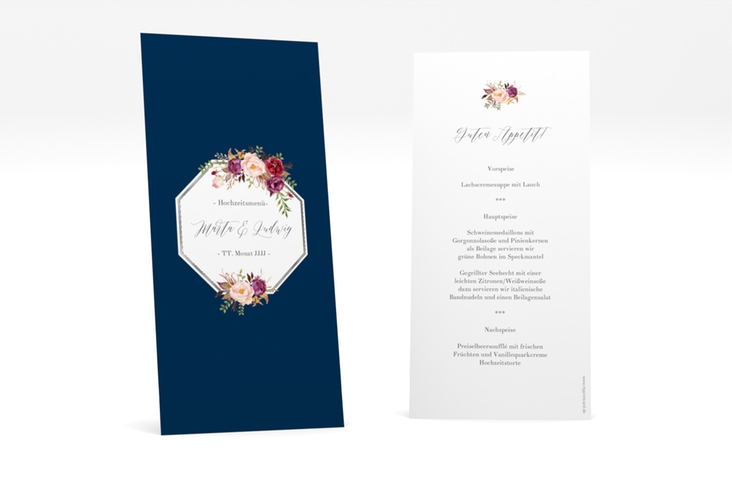 Menükarte Hochzeit Prachtvoll lange Karte hoch blau silber