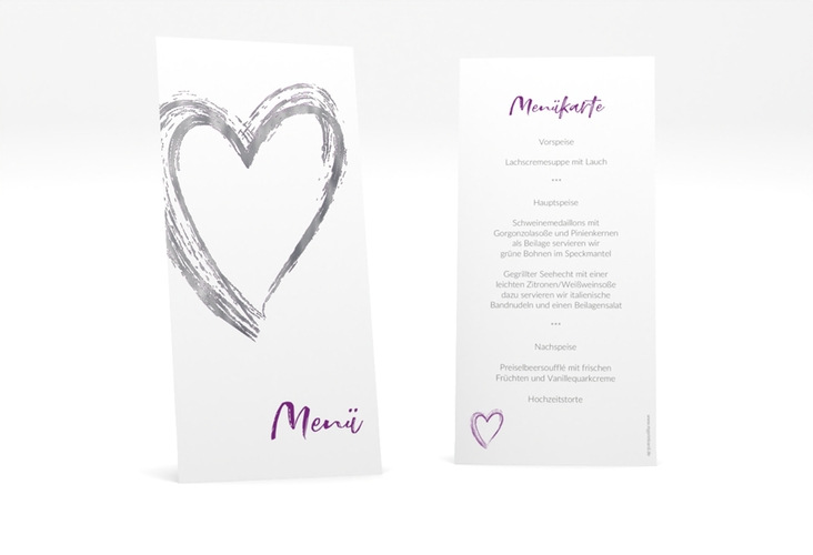 Menükarte Hochzeit Liebe lange Karte hoch lila silber