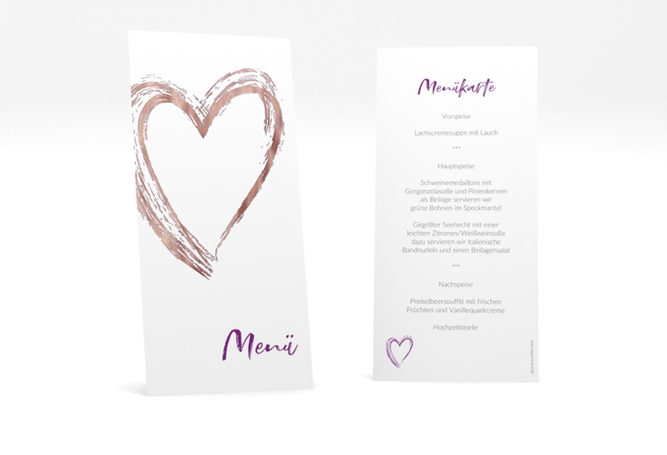Menükarte Hochzeit Liebe lange Karte hoch lila rosegold