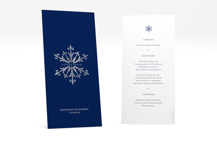 Menükarte Hochzeit Crystal lange Karte hoch blau silber mit Eiskristall