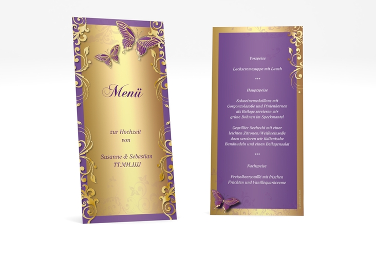 Menükarte Hochzeit Toulouse lange Karte hoch lila gold