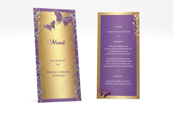 Menükarte Hochzeit Toulouse lange Karte hoch lila silber