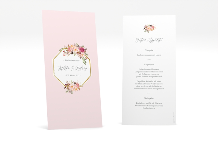 Menükarte Hochzeit Prachtvoll lange Karte hoch rosa gold