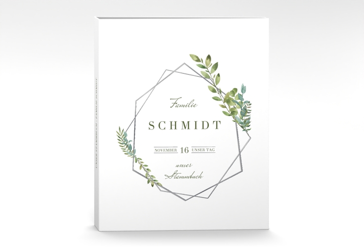 Stammbuch A4 Herbarium Stammbuch A4 grau silber mit geometrischem Rahmen und Blätter-Dekor