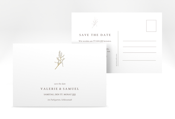 Save the Date-Postkarte Ivy A6 Postkarte weiss gold minimalistisch mit kleiner botanischer Illustration