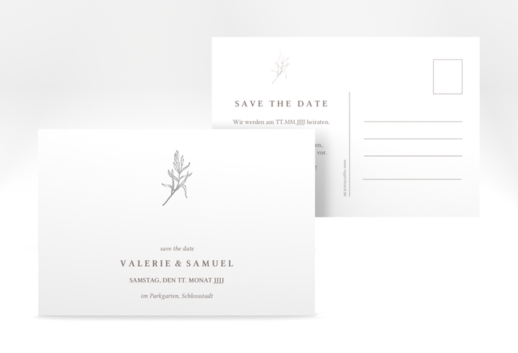 Save the Date-Postkarte Ivy A6 Postkarte weiss silber minimalistisch mit kleiner botanischer Illustration