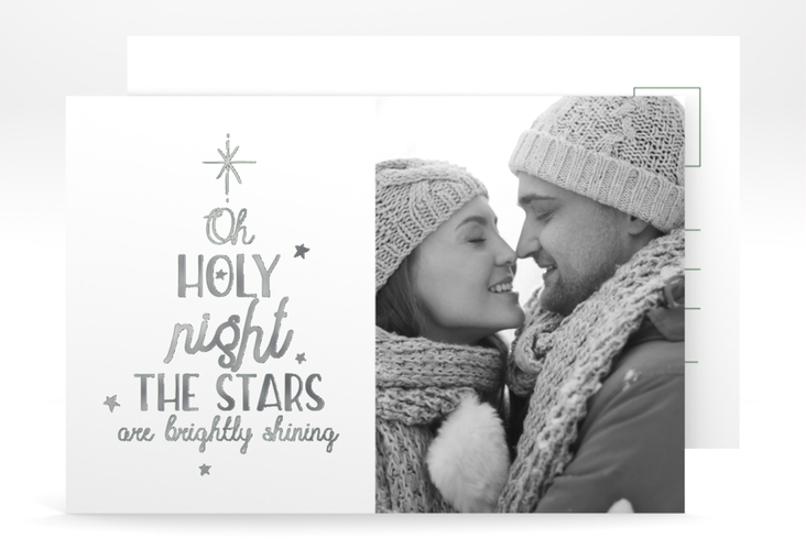 Weihnachtskarte Winterhimmel A6 Postkarte gruen silber mit Liedtext und Foto