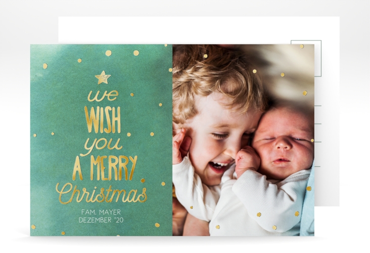 Weihnachtskarte Schneeglitzern A6 Postkarte gruen gold mit Aquarellfarbe und Kinderfoto