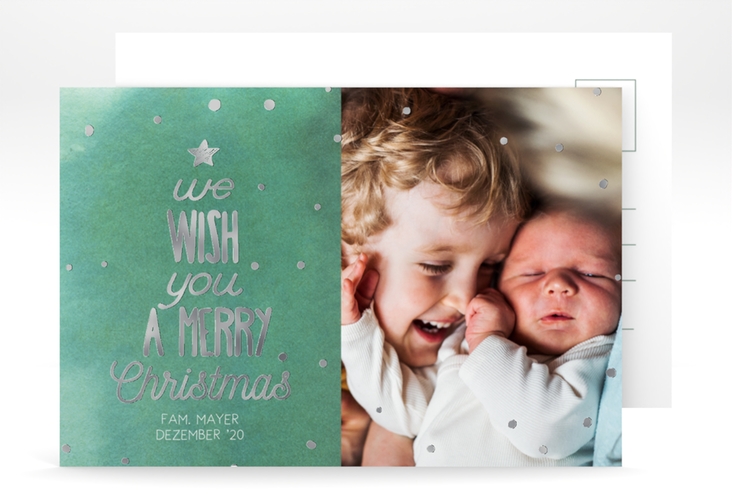 Weihnachtskarte Schneeglitzern A6 Postkarte gruen silber mit Aquarellfarbe und Kinderfoto