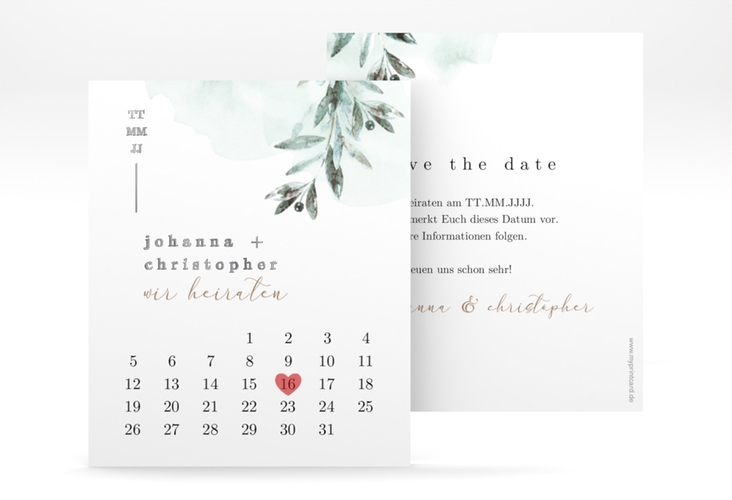 Save the Date-Kalenderblatt Mediterran Kalenderblatt-Karte gruen silber mit Lorbeerzweig in Aquarell