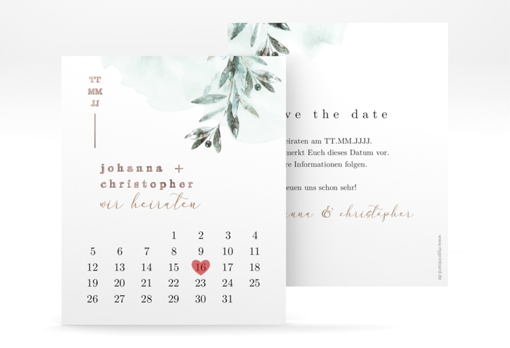 Save the Date-Kalenderblatt Mediterran Kalenderblatt-Karte gruen rosegold mit Lorbeerzweig in Aquarell
