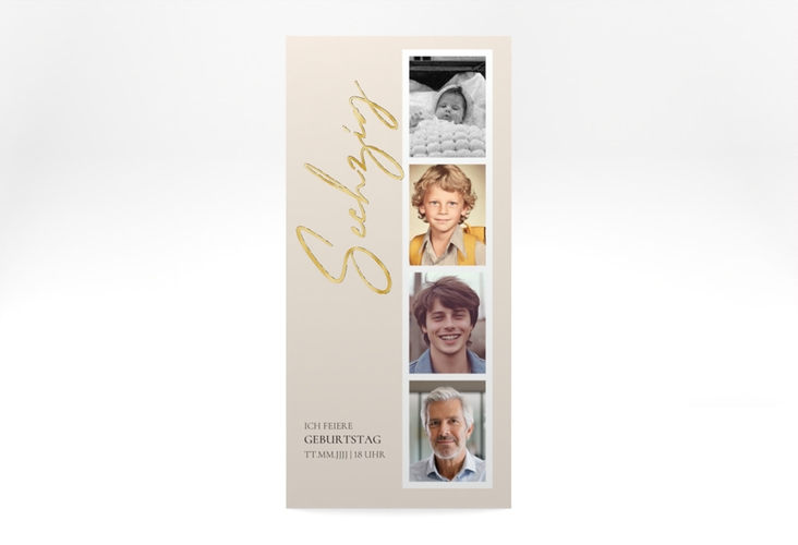 Einladung 60. Geburtstag Zeitabschnitt lange Karte hoch beige gold