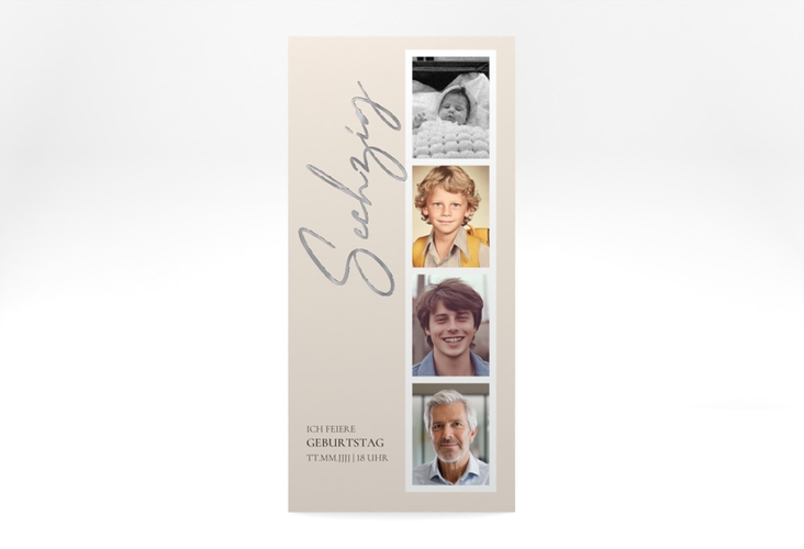 Einladung 60. Geburtstag Zeitabschnitt lange Karte hoch beige silber