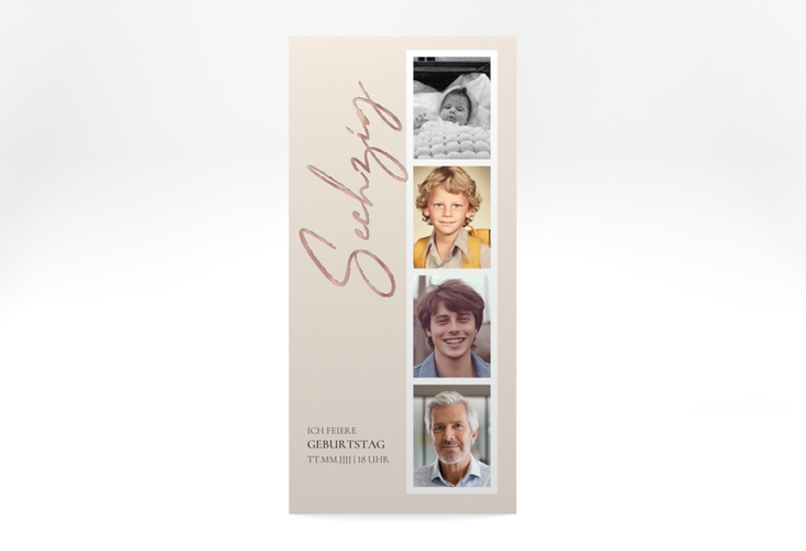 Einladung 60. Geburtstag Zeitabschnitt lange Karte hoch beige rosegold
