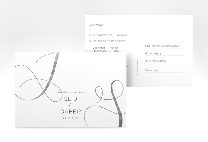 Antwortkarte Hochzeit Eheschließung A6 Postkarte weiss silber