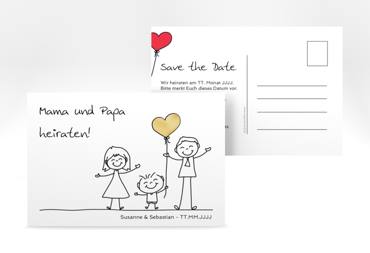 Save the Date-Postkarte Family A6 Postkarte weiss gold