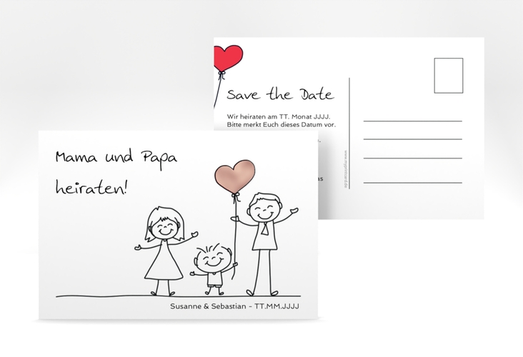 Save the Date-Postkarte Family A6 Postkarte weiss rosegold