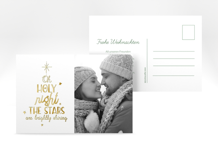 Weihnachtskarte Winterhimmel A6 Postkarte gruen gold mit Liedtext und Foto