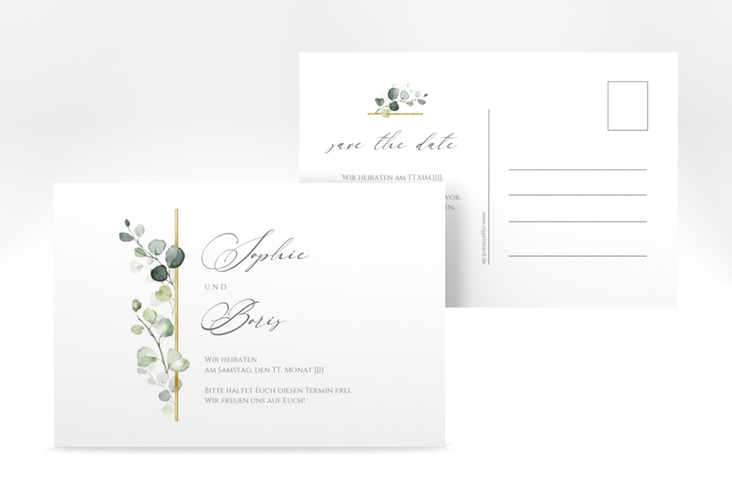 Save the Date-Postkarte Adelya A6 Postkarte weiss gold elegant mit Eukalyptus-Motiv