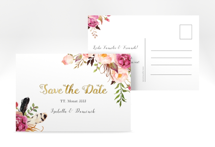 Save the Date-Postkarte Flowers A6 Postkarte weiss gold mit bunten Aquarell-Blumen