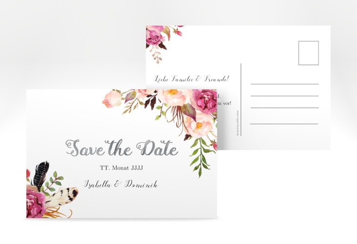Save the Date-Postkarte Flowers A6 Postkarte weiss silber mit bunten Aquarell-Blumen