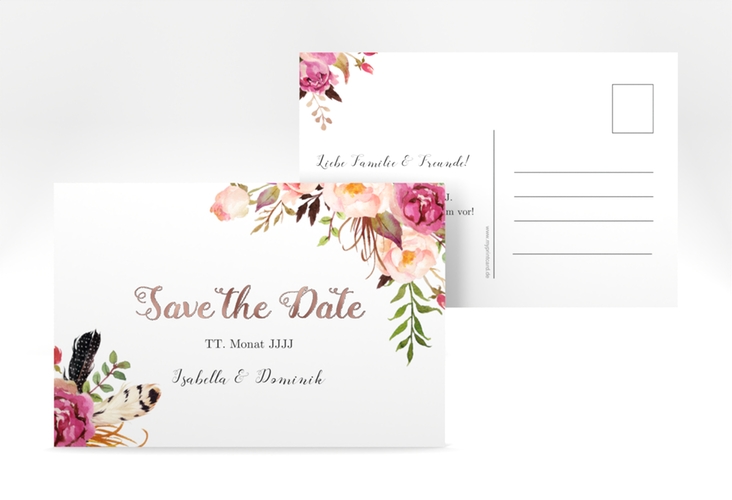 Save the Date-Postkarte Flowers A6 Postkarte weiss rosegold mit bunten Aquarell-Blumen
