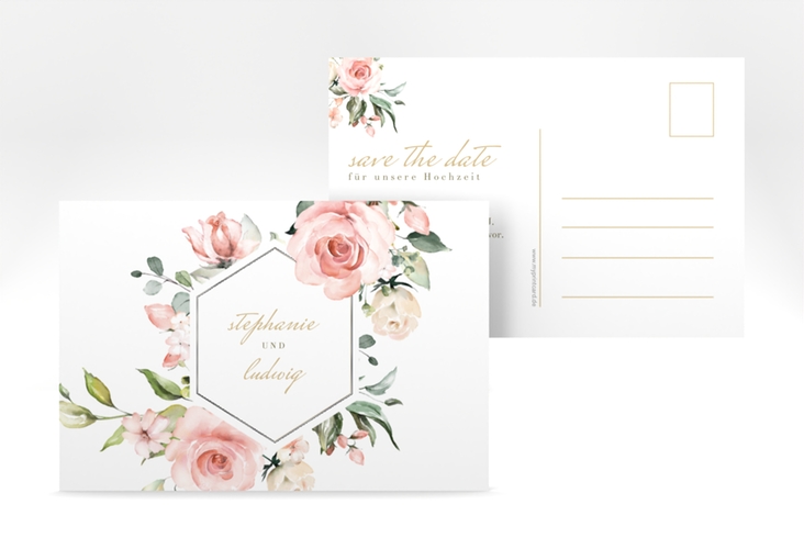 Save the Date-Postkarte Graceful A6 Postkarte weiss silber mit Rosenblüten in Rosa und Weiß