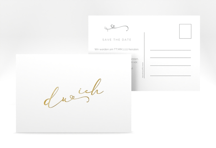 Save the Date-Postkarte Zweisamkeit A6 Postkarte weiss gold im minimalistischen Stil mit Aufschrift du & ich
